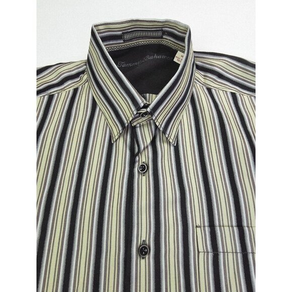 Tommy Bahama Size Medium Mens Silk Black Sage Gray Stripe Button Down Logo Shirt - Picture 1 of 11